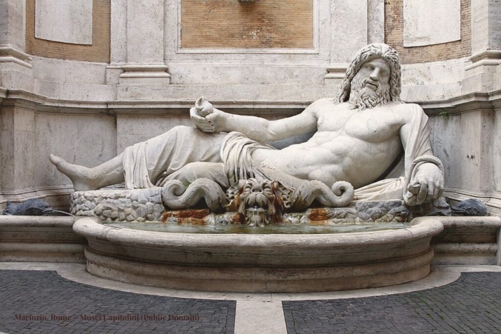 Marforio statue reclining in Rome’s Musei Capitolini courtyard, a symbol of satire, defiance, and Renaissance erotica’s rebellious spirit.