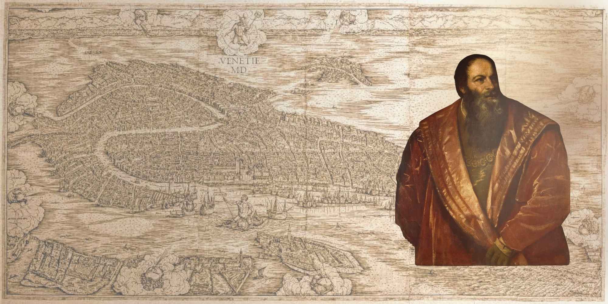Titian’s portrait of Pietro Aretino over a faded map of Venice, symbolizing the wit and scandal of his 16th-century Dialogues.