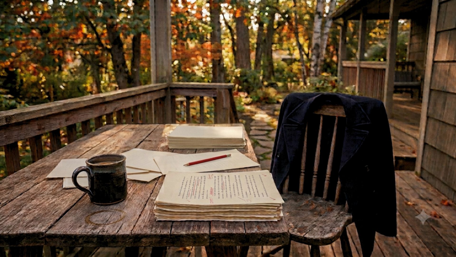 What makes a book memorable? A stack of manuscript pages with light editorial marks, a red editor's pencil, and a forgotten cup of coffee on a weathered wooden porch table.