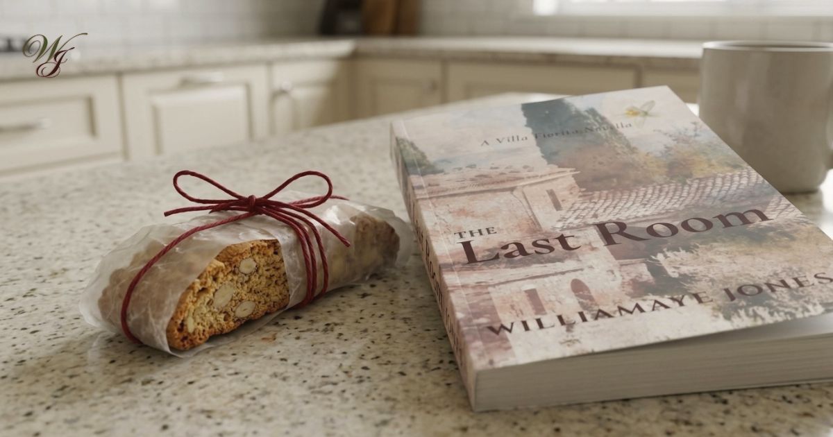 The Last Room by Williamaye Jones beside almond cantucci wrapped in wax paper and tied with red string on a kitchen counter.