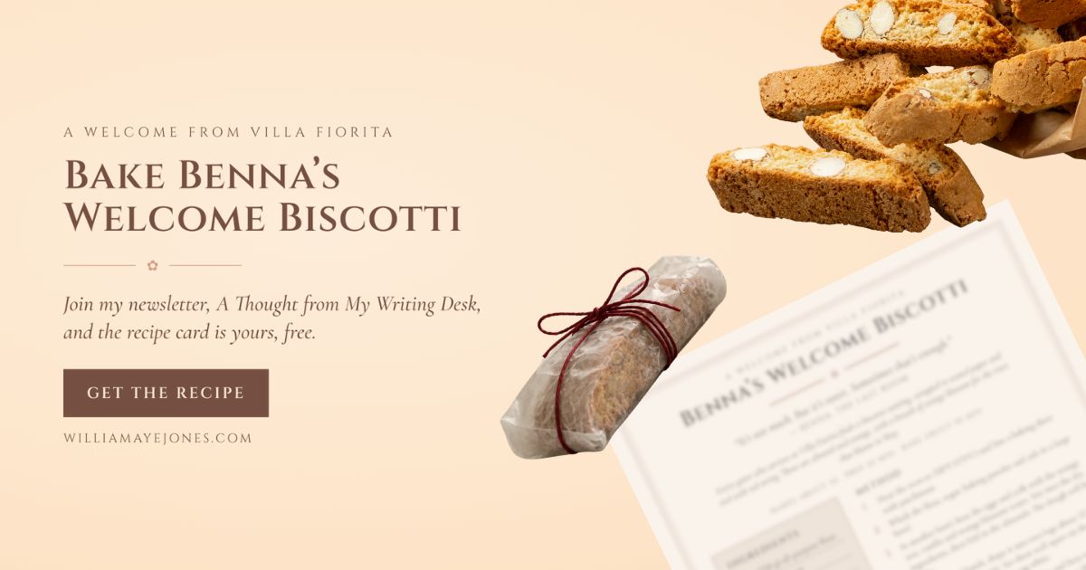 Almond biscotti and a wrapped biscotto tied with red string, with an invitation to join my newsletter for Benna's free recipe card.